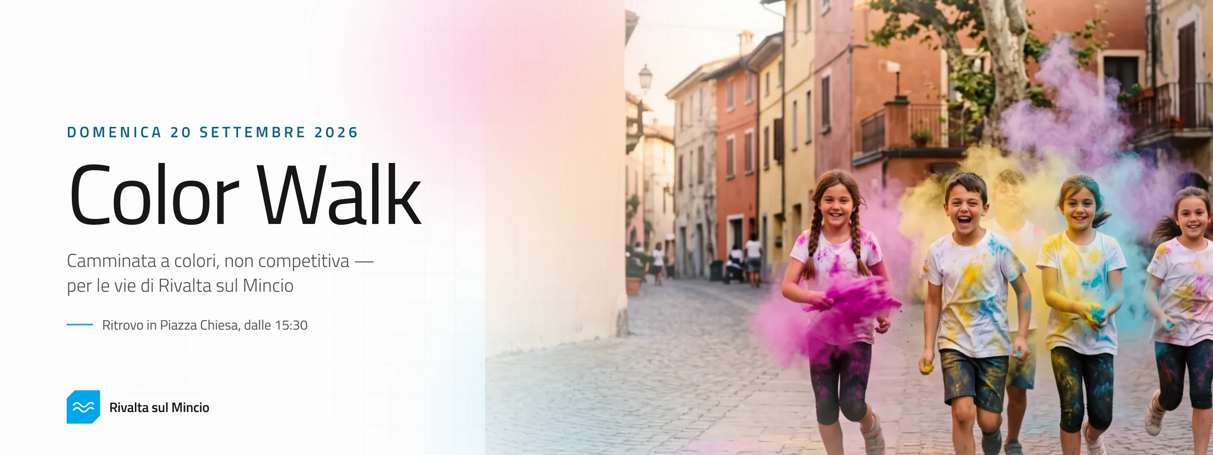 Color Walk — domenica 20 settembre 2026: camminata a colori, non competitiva, per le vie di Rivalta sul Mincio. Ritrovo in Piazza Chiesa dalle 15:30.
