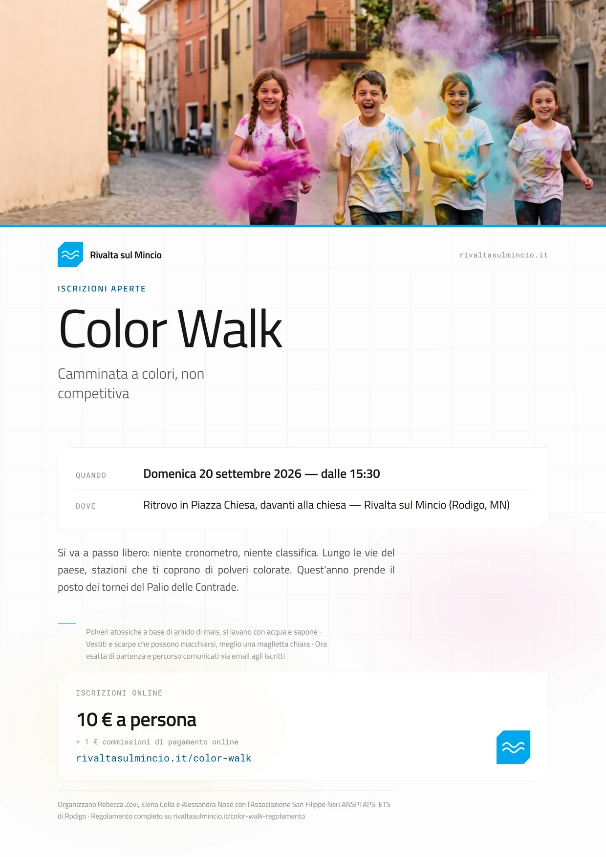 Locandina A4 della Color Walk: domenica 20 settembre 2026 dalle 15:30, ritrovo in Piazza Chiesa a Rivalta sul Mincio. Iscrizioni online 10 € a persona, più 1 € di commissioni di pagamento, su rivaltasulmincio.it/color-walk.