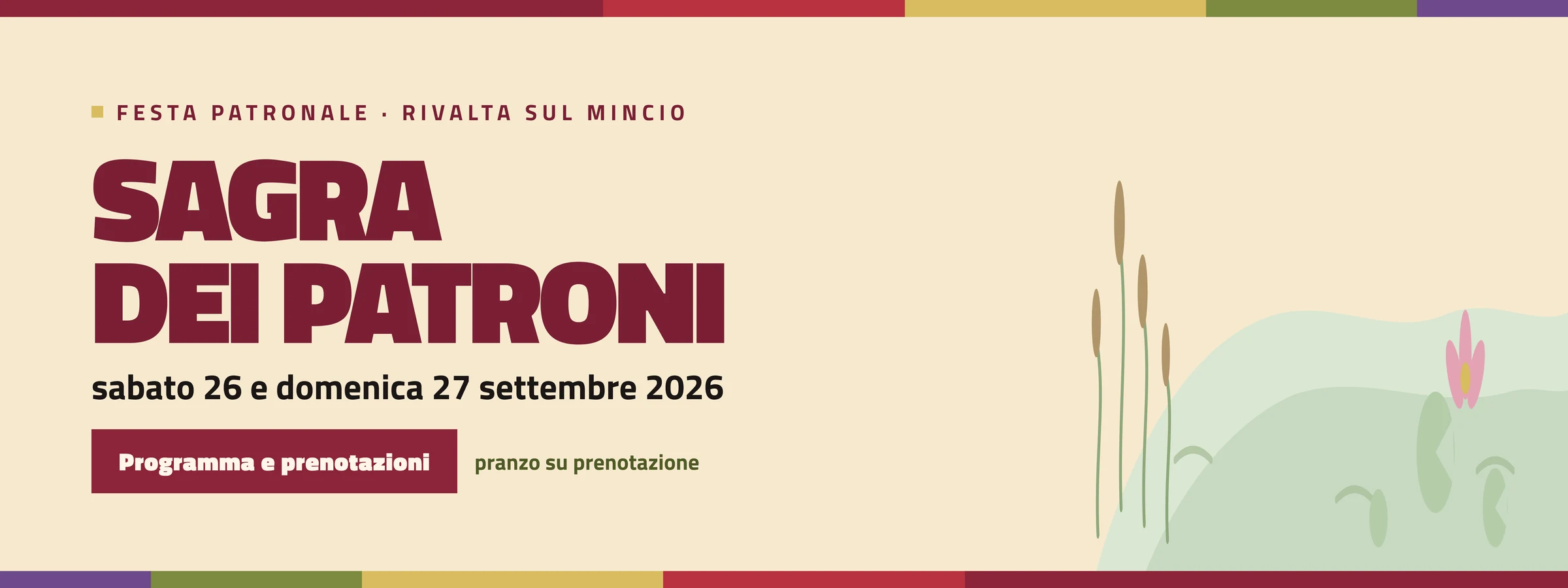 Sagra dei Patroni, festa patronale di Rivalta sul Mincio — sabato 26 e domenica 27 settembre 2026. Programma e prenotazioni; il pranzo di domenica è su prenotazione.