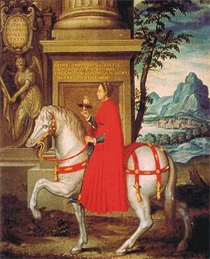 Dipinto: un cavaliere in veste rossa su un cavallo bianco, davanti a un monumento con iscrizione.
