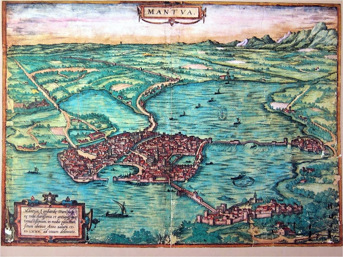 Veduta a volo d'uccello di Mantova cinta dai laghi, con il ponte dei Mulini che sbarra l'acqua a occidente.
