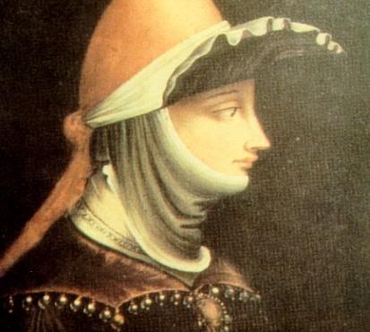 Ritratto di profilo di una donna con velo e copricapo medievale.