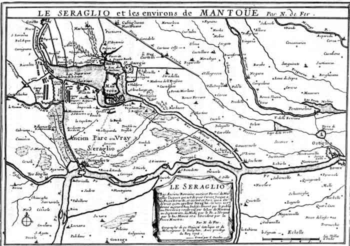 Carta settecentesca del Serraglio e dei dintorni di Mantova: il lago Superiore, il corso del Mincio e i paesi attorno, fra cui Rivalta.