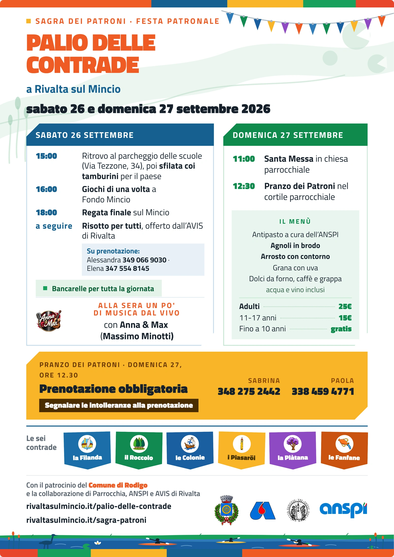 Locandina della Sagra dei Patroni e del Palio delle Contrade a Rivalta sul Mincio, sabato 26 e domenica 27 settembre 2026: il programma delle due giornate, il menù del Pranzo dei Patroni, i prezzi, i contatti per la prenotazione e le sei contrade.